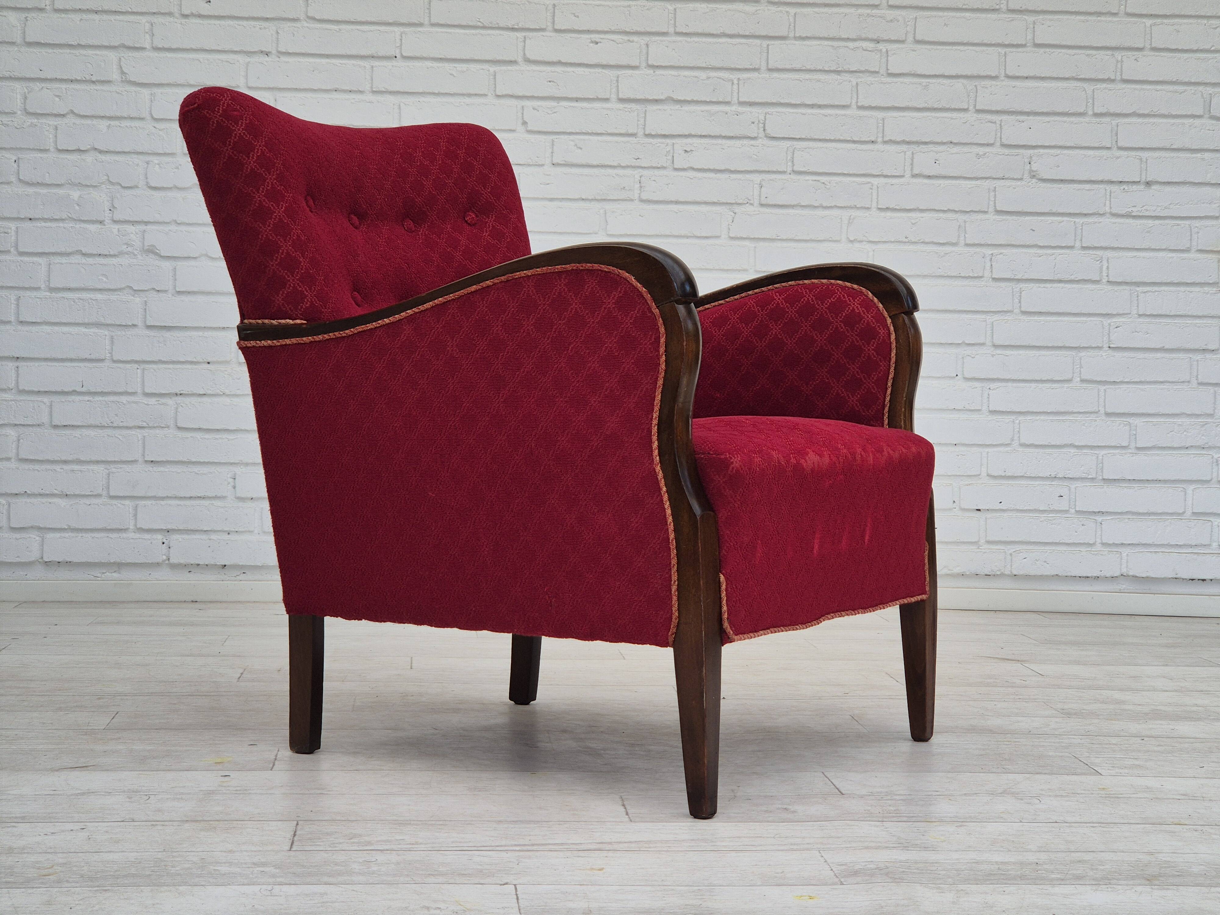 1950s, Danish design, armchair, original condition, red cotton-wool fabric.