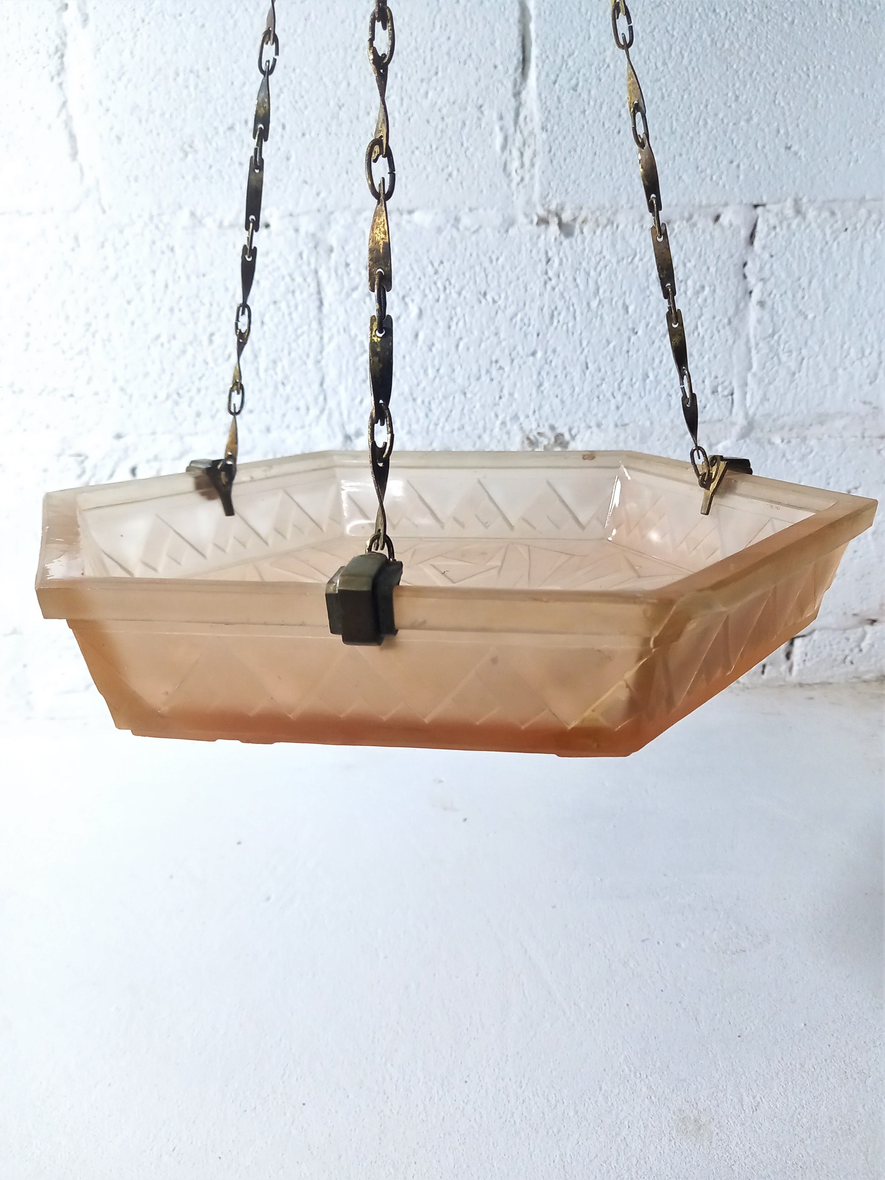 Art Deco pendant lamp in pink frosted glass signed Muller Frêres Luneville