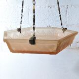 Art Deco pendant lamp in pink frosted glass signed Muller Frêres Luneville