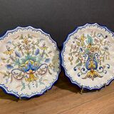 Pair of plates with floral decoration in Nevers earthenware signed Montagnon
