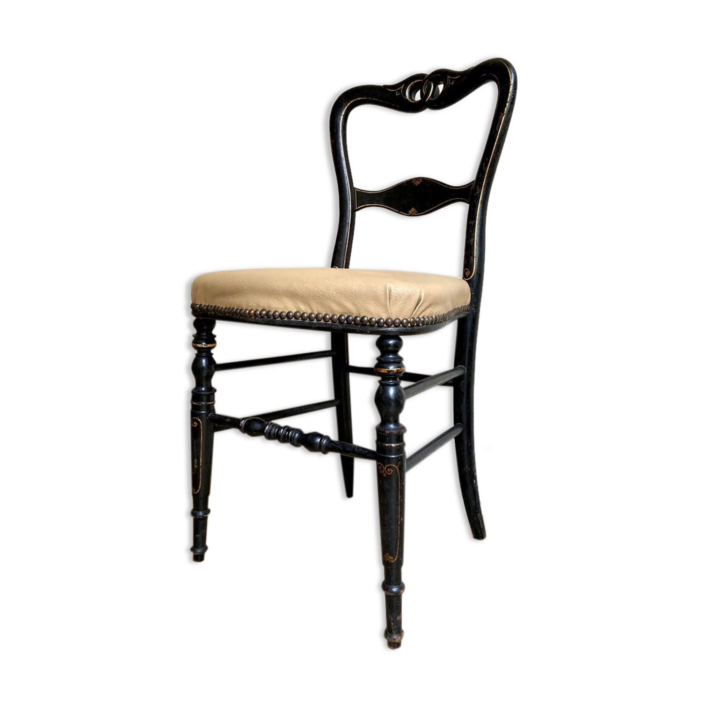 Napoleon III chair in black wood and beige skaï