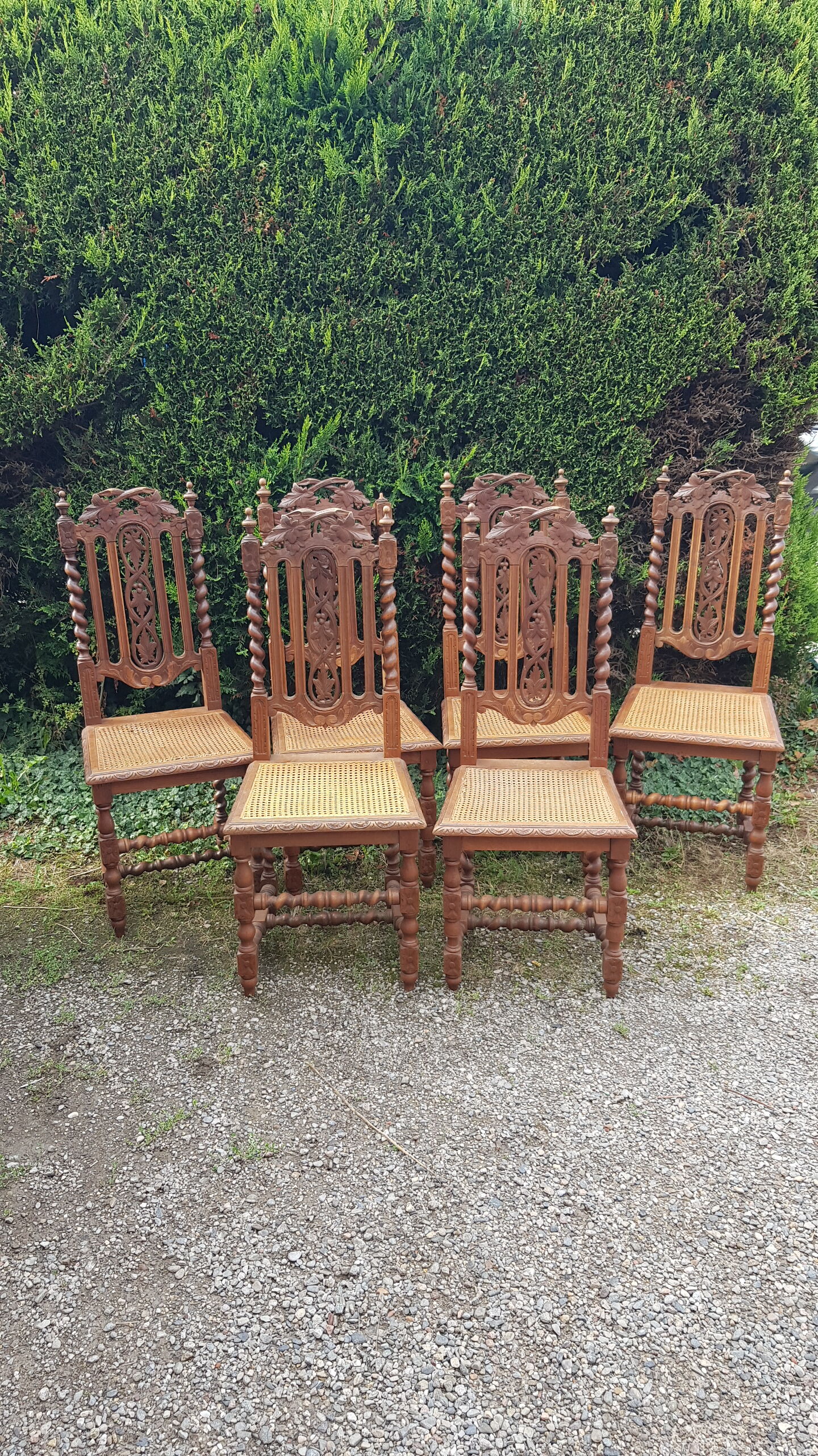 Carved antique chairs with rattan seat