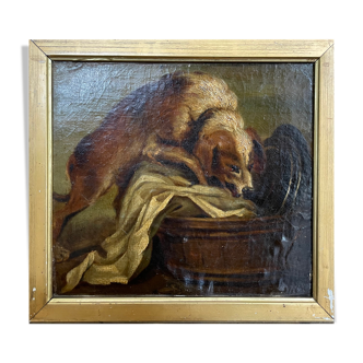 Tableau peinture ancienne animalière, chien Greuze, XVIIIe