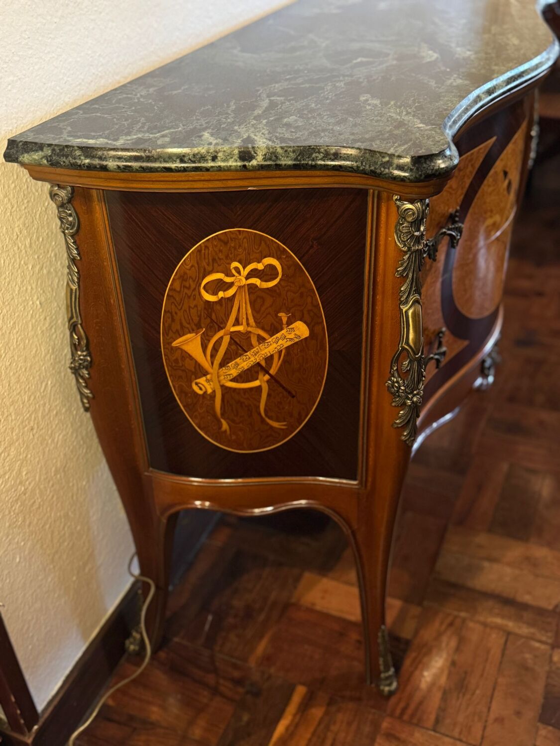 Exquisite Louis XV Style Bombé Commode with Musical Marquetry & Marble