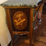 Exquisite Louis XV Style Bombé Commode with Musical Marquetry & Marble