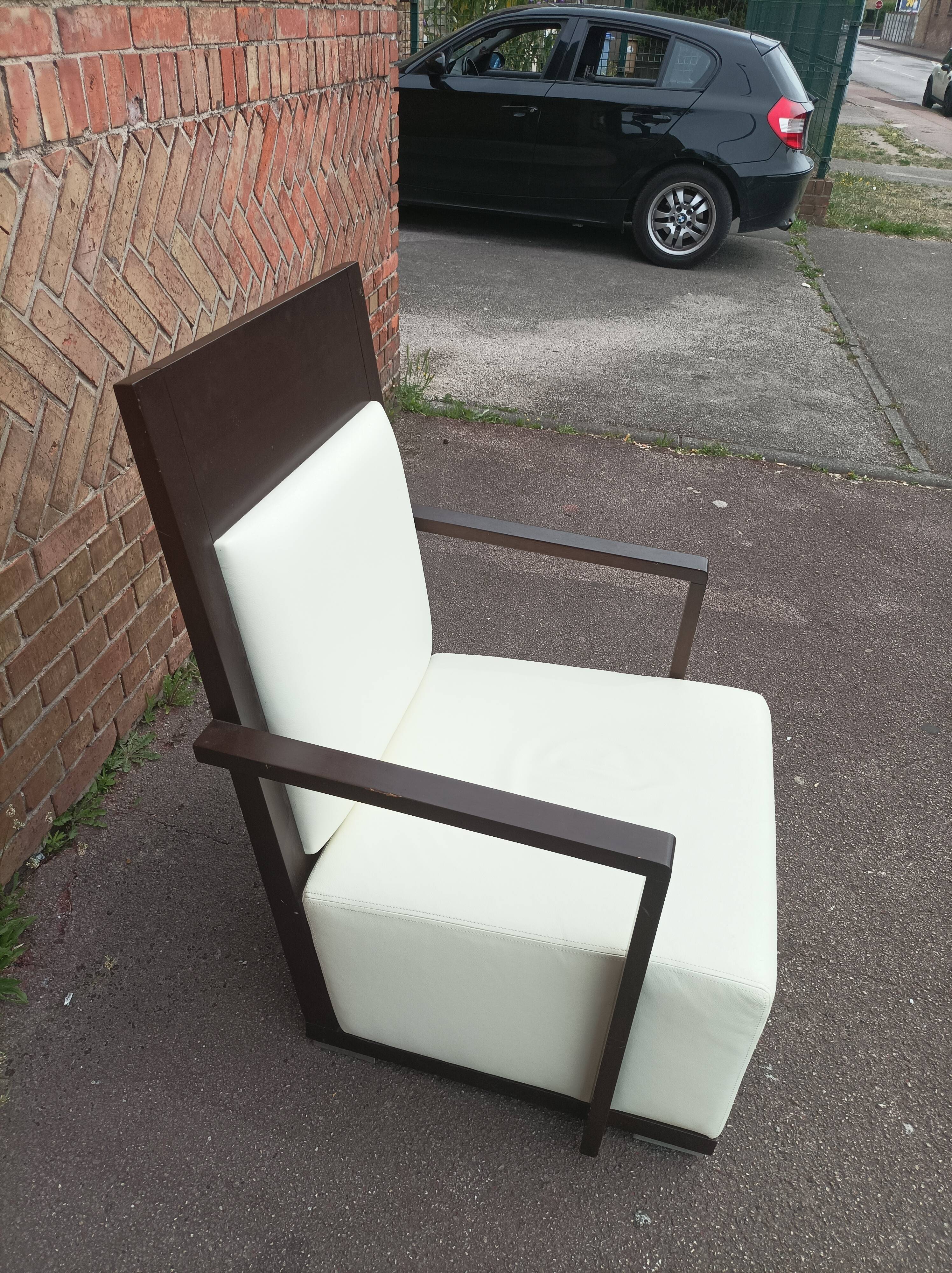 Old armchair white leather art deco design André sornay