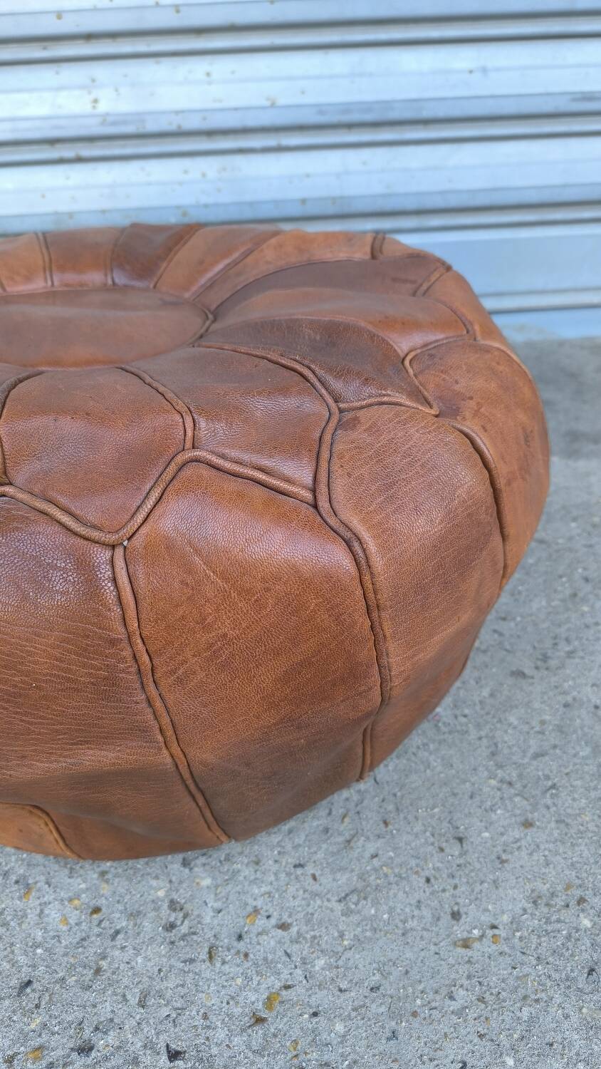 Large round Moroccan leather pouf