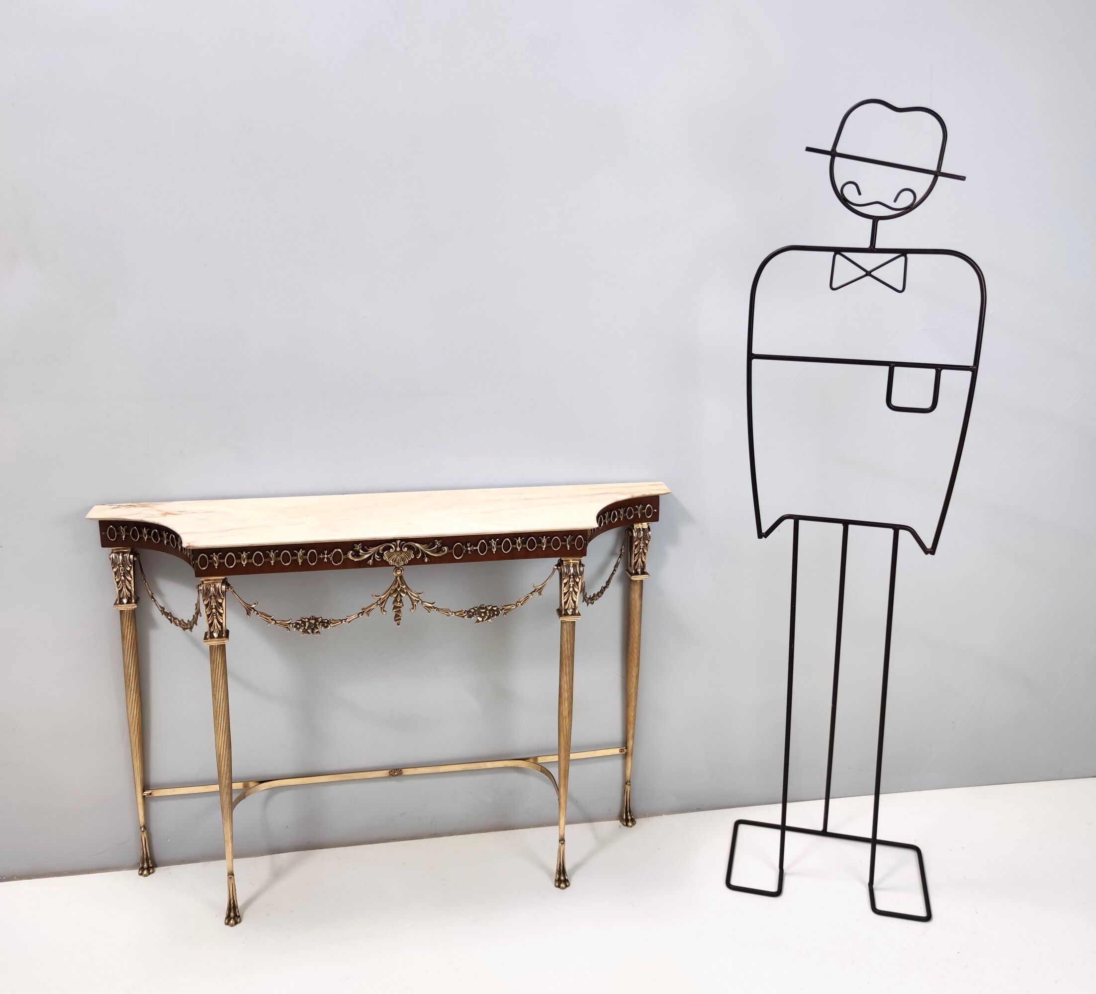 Vintage walnut console with a portuguese pink marble top and brass frame, italy