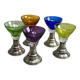 Set of 5 coloured stemmed glasses on silver stems.