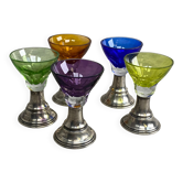 Set of 5 coloured stemmed glasses on silver stems.
