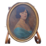 Tableau ancien ovale, portrait femme sur toile, fin 19ème début 20ème