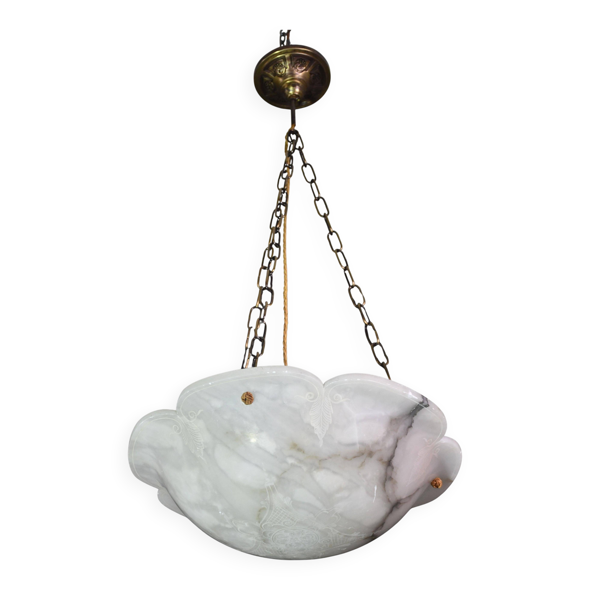 Great design extra large size Art Deco white alabaster chandelier, 1950s