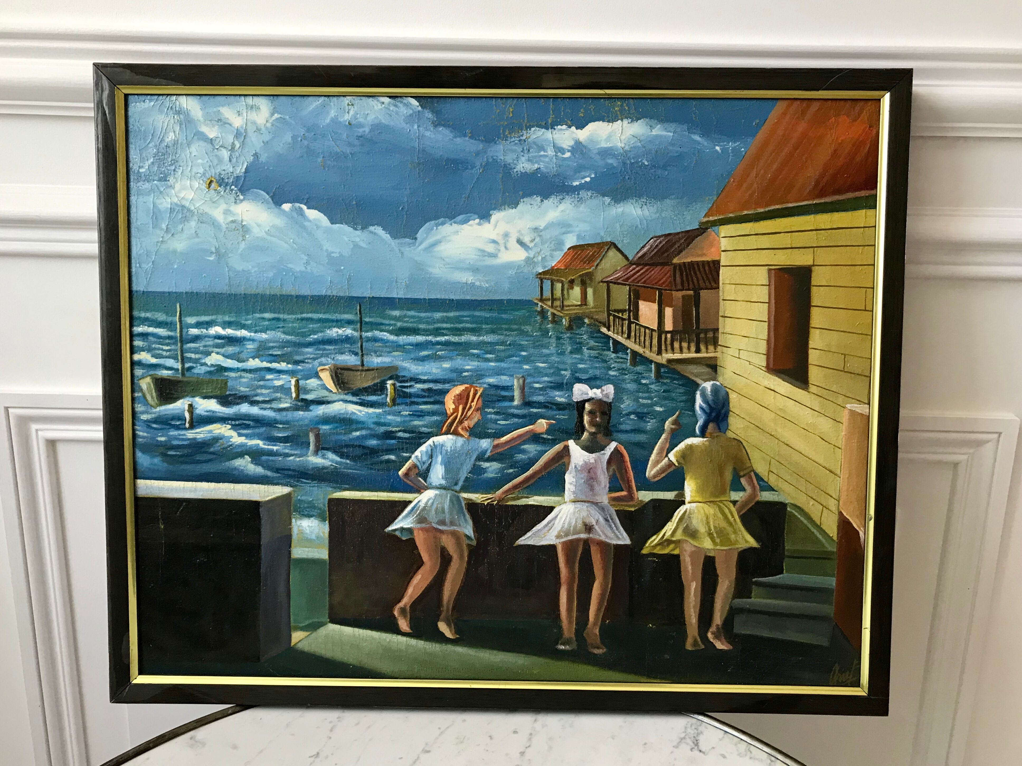 Tableau ancien mer enfants signé vintage