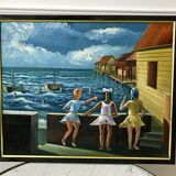Tableau ancien mer enfants signé vintage