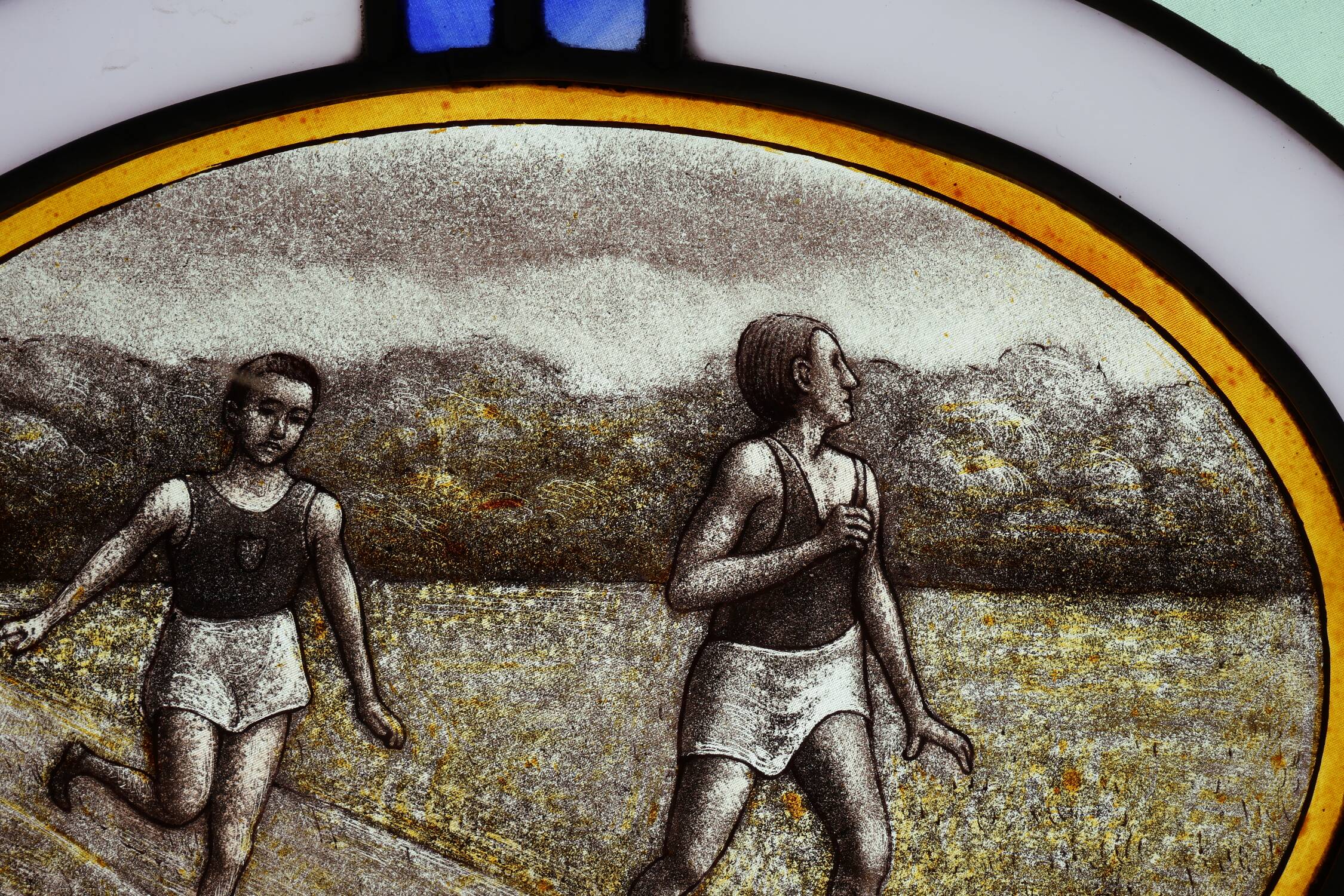 Art Deco Stained Glass Panel Depicting Runners in Motion, Belgium ca. 1910