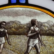Art Deco Stained Glass Panel Depicting Runners in Motion, Belgium ca. 1910