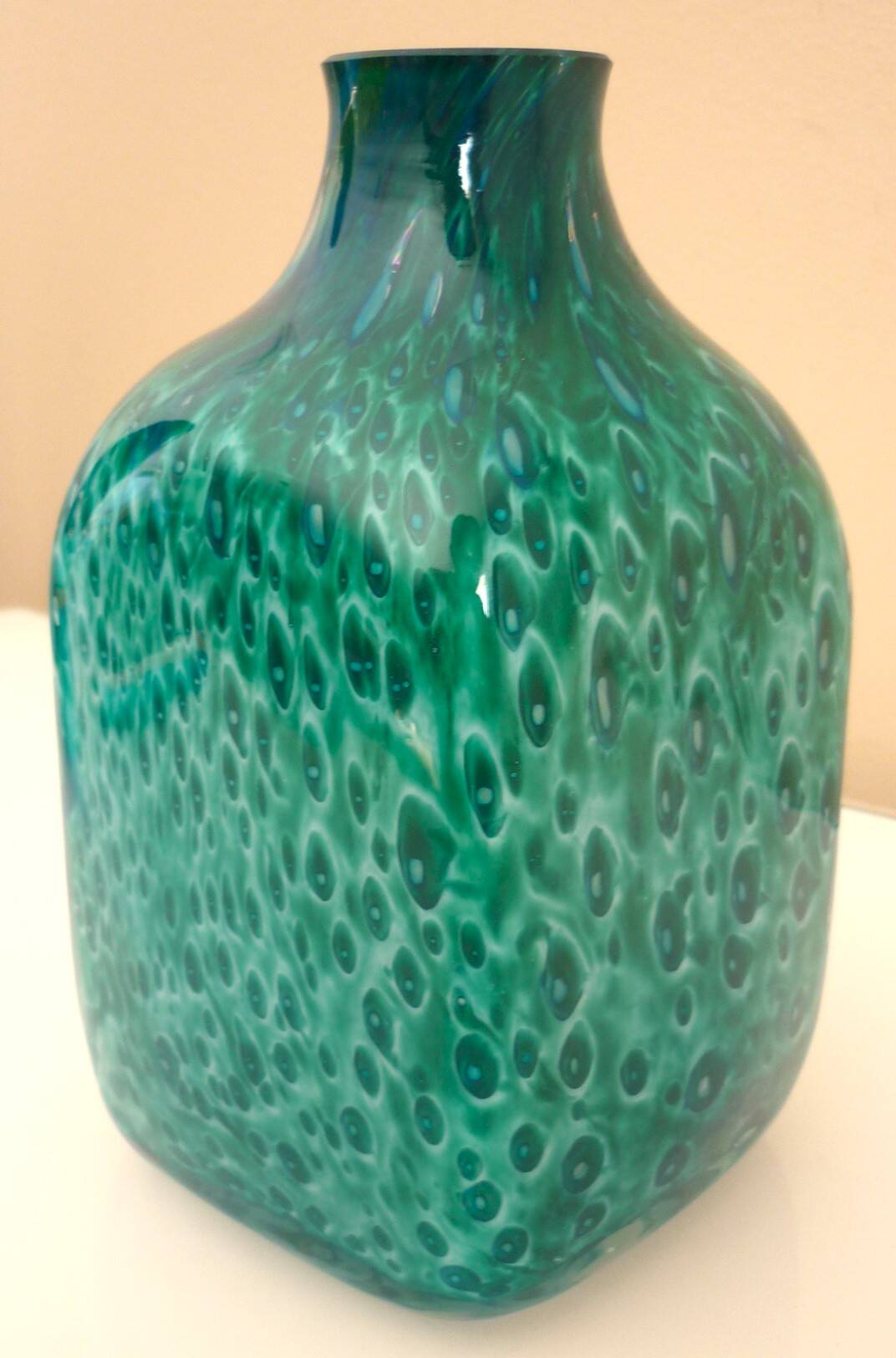 White multi-layer blown glass bottle vase with blue and green inclusions