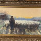 “Shepherd and his flock”, watercolor on paper, signed Maurice Hagemans