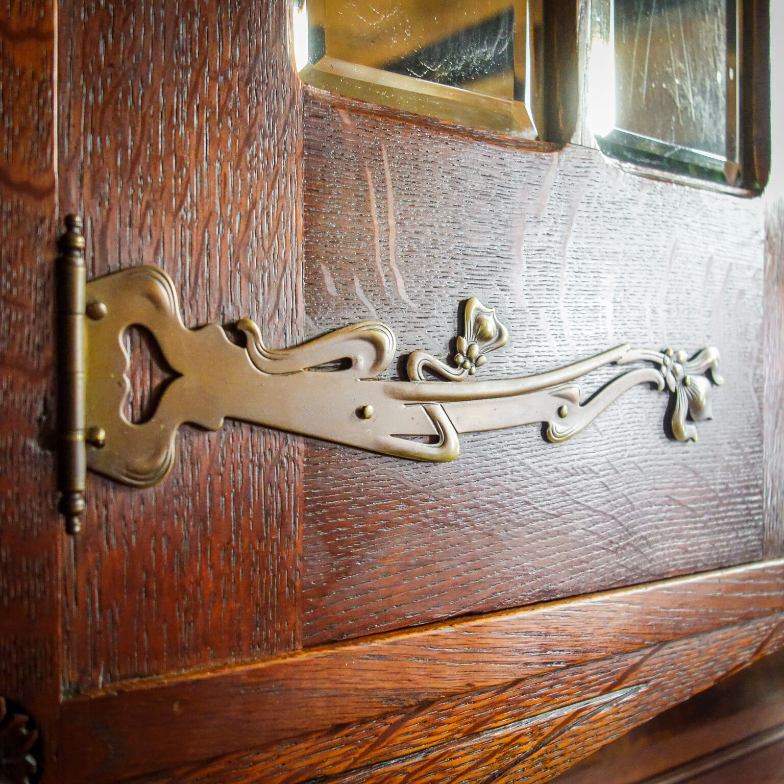 art nouveau cabinet with stained glass window, France circa 1910