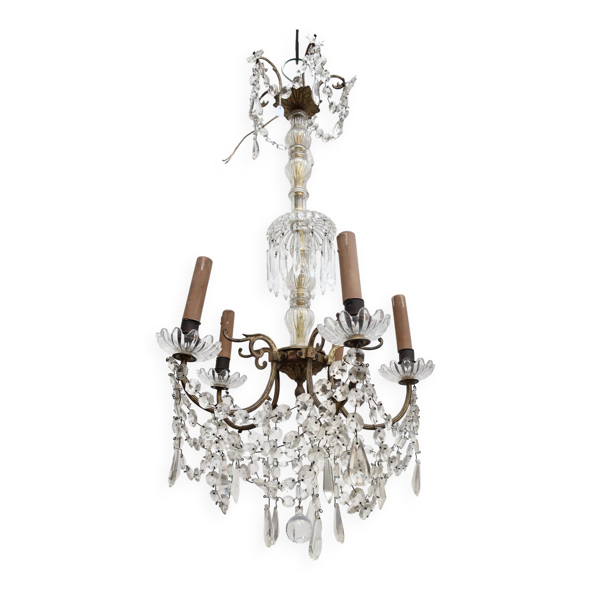 Bronze chandelier with crystal pendants circa 1950, 5 lights, H = 81 cm