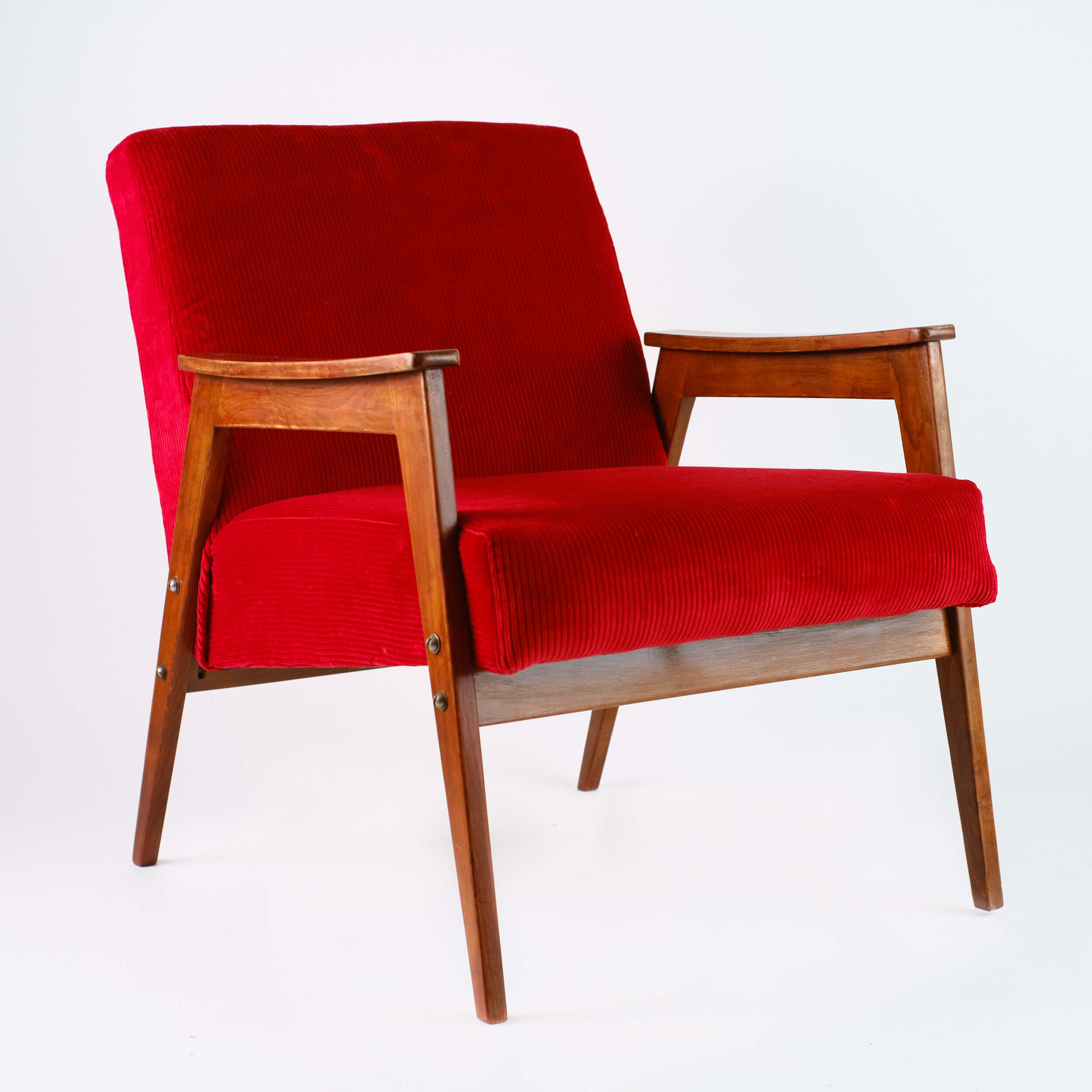Bright red vintage armchair, corduroy corduroy , solid wood, 60s / 70s, free shipping