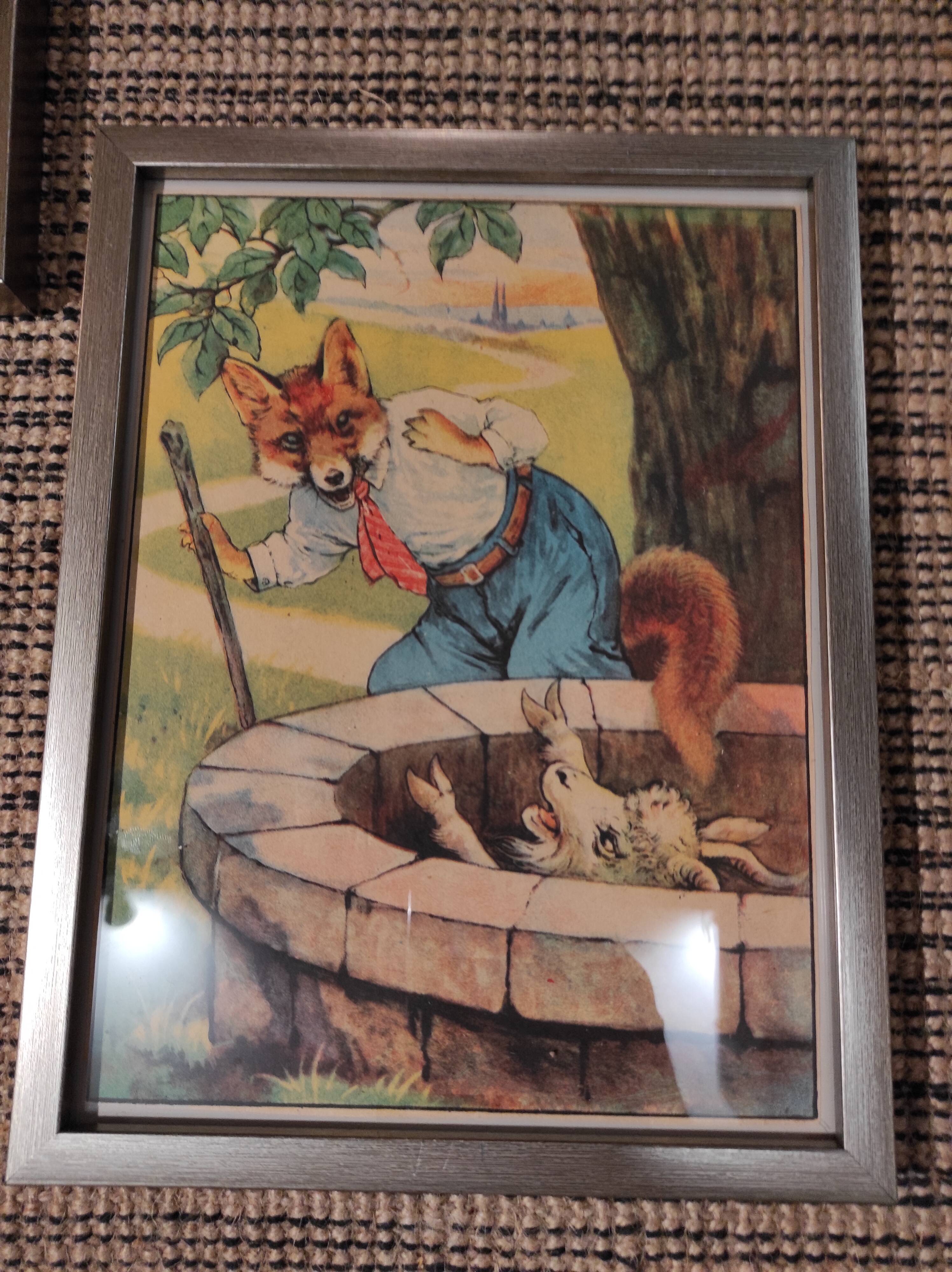 Set of 5 illustrations framed in glass the Fables of La Fontaine