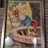 Set of 5 illustrations framed in glass the Fables of La Fontaine