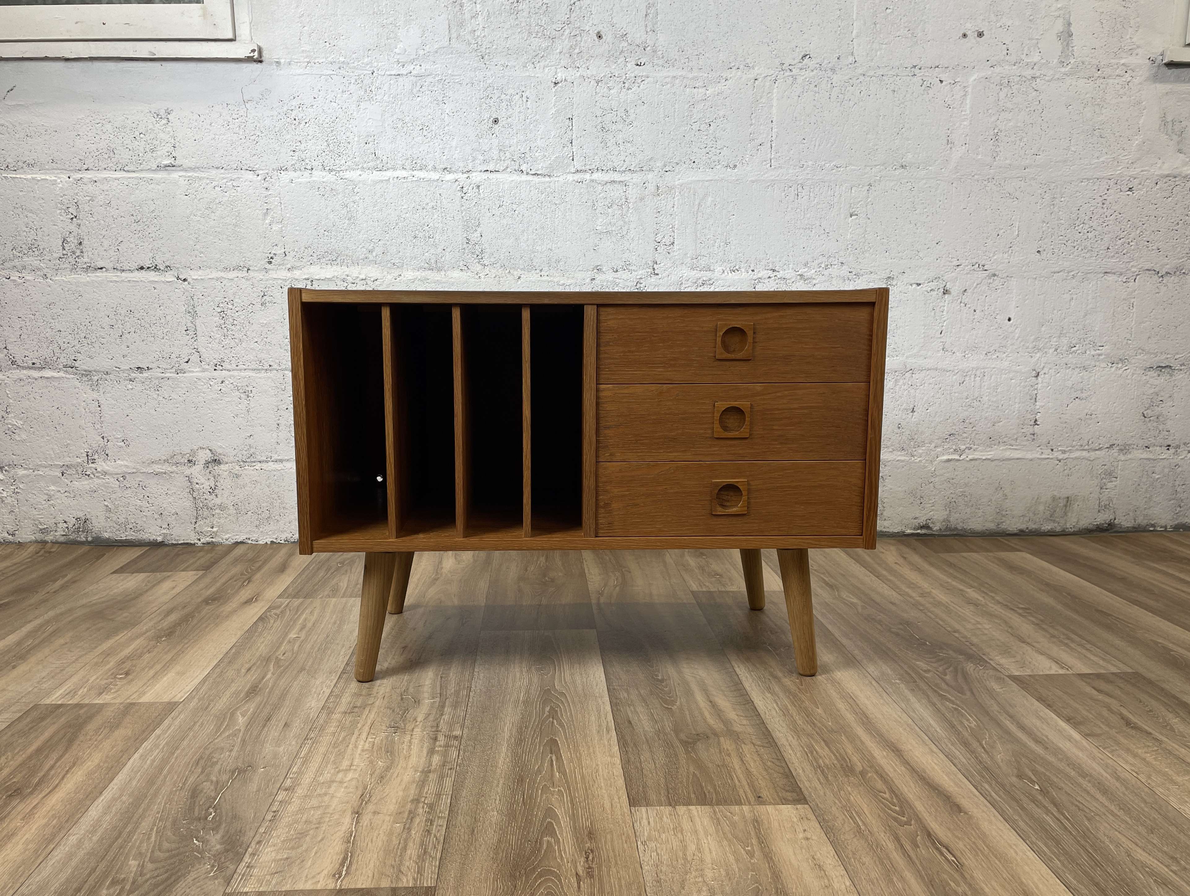 Scandinavian oak chest of drawers with vinyl storage, 60s