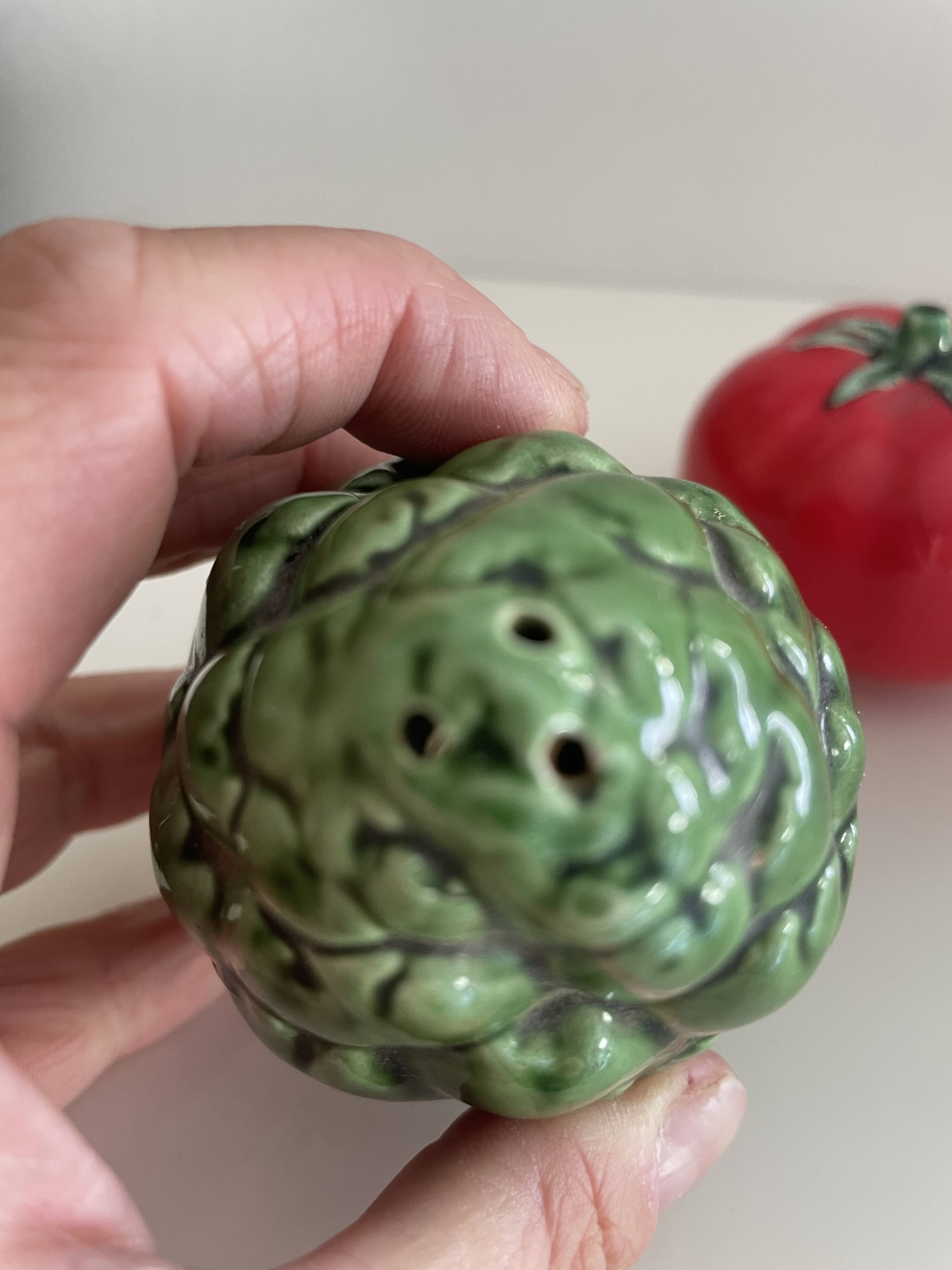 Ceramic artichoke tomato salt and pepper shakers in slip