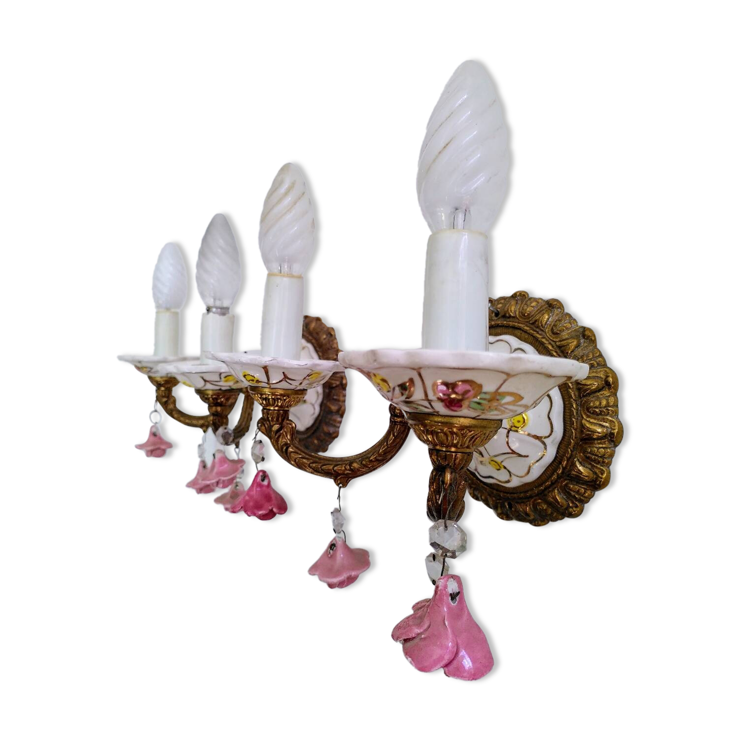 Pair of brass and porcelain wall lights