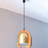 Lustre à hauteur réglable en laiton et en chêne du milieu du siècle dernier 70s