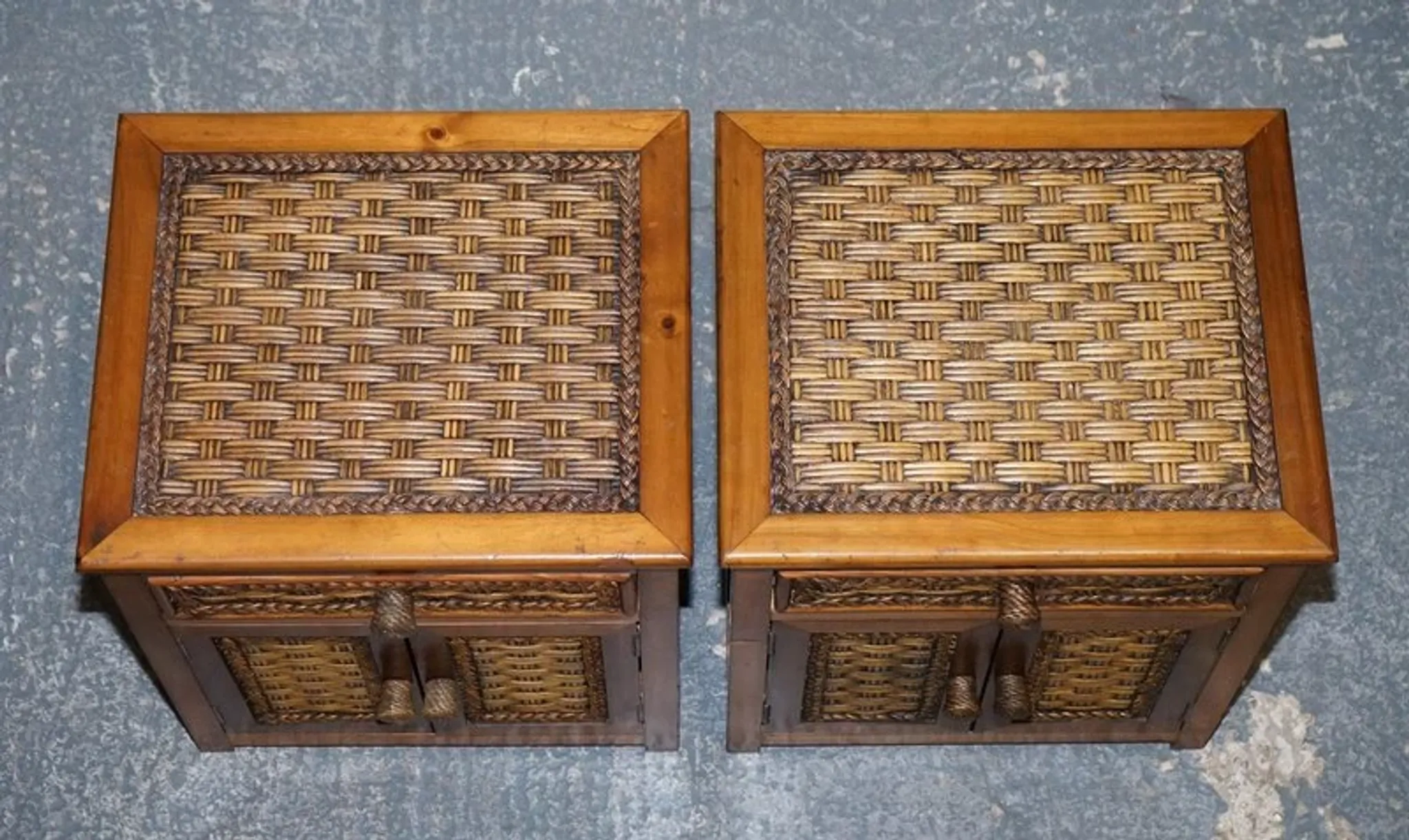 Tables de Chevet Vintage en Rotin avec Tiroir, Set de 2
