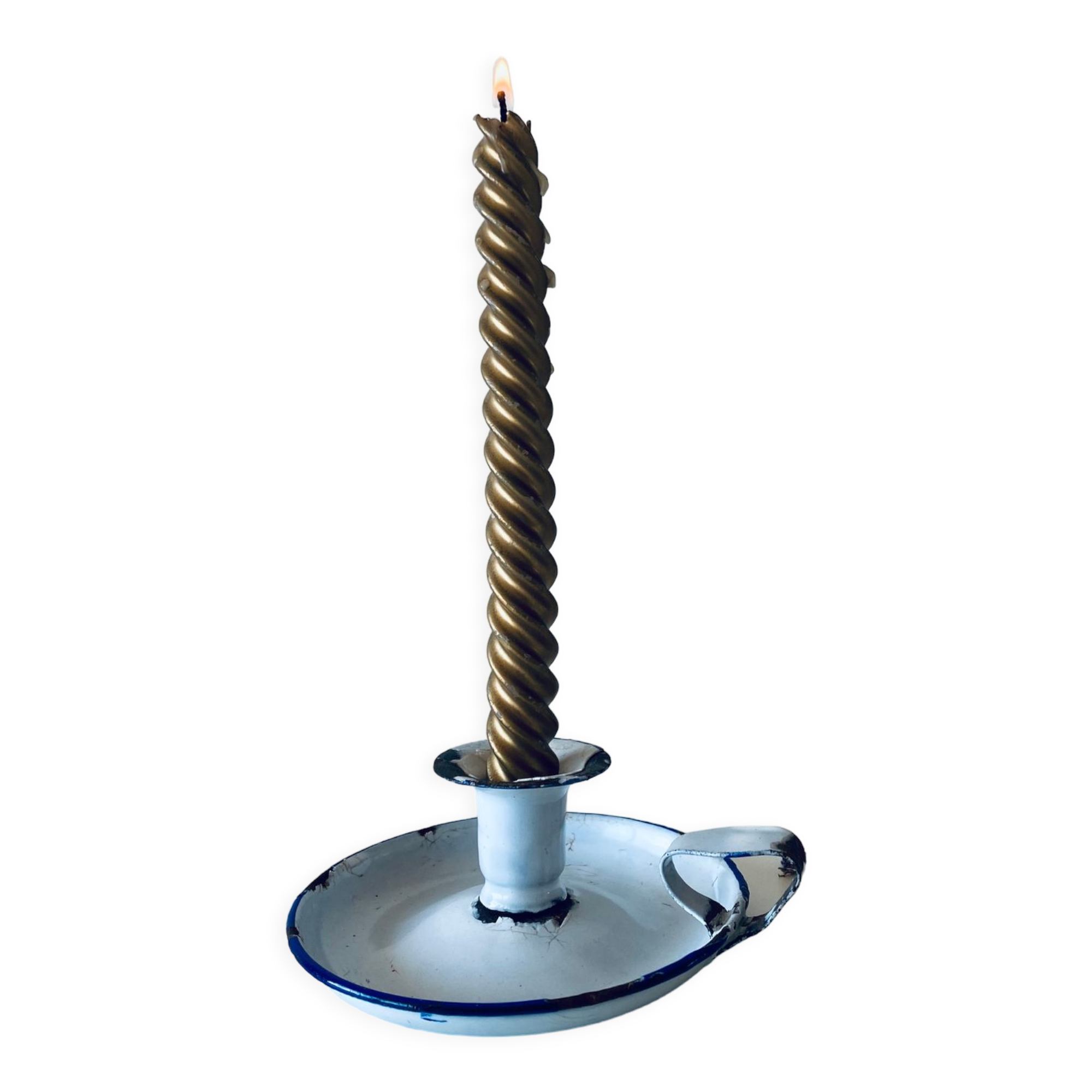 Antique candle holder in white and blue enamelled metal