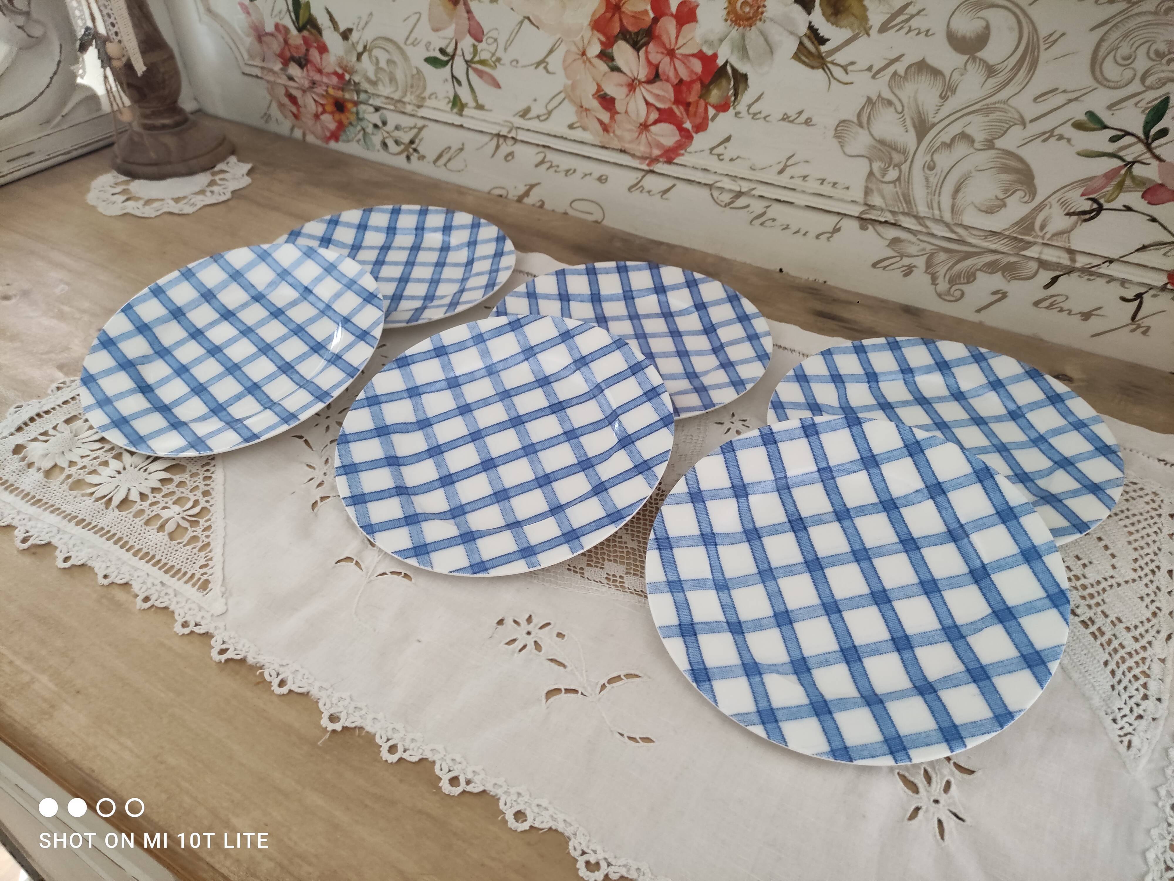 Lot de 6 assiettes à dessert en porcelaine Leoni by Sia Home Fashion décor torchon à carreaux bleus
