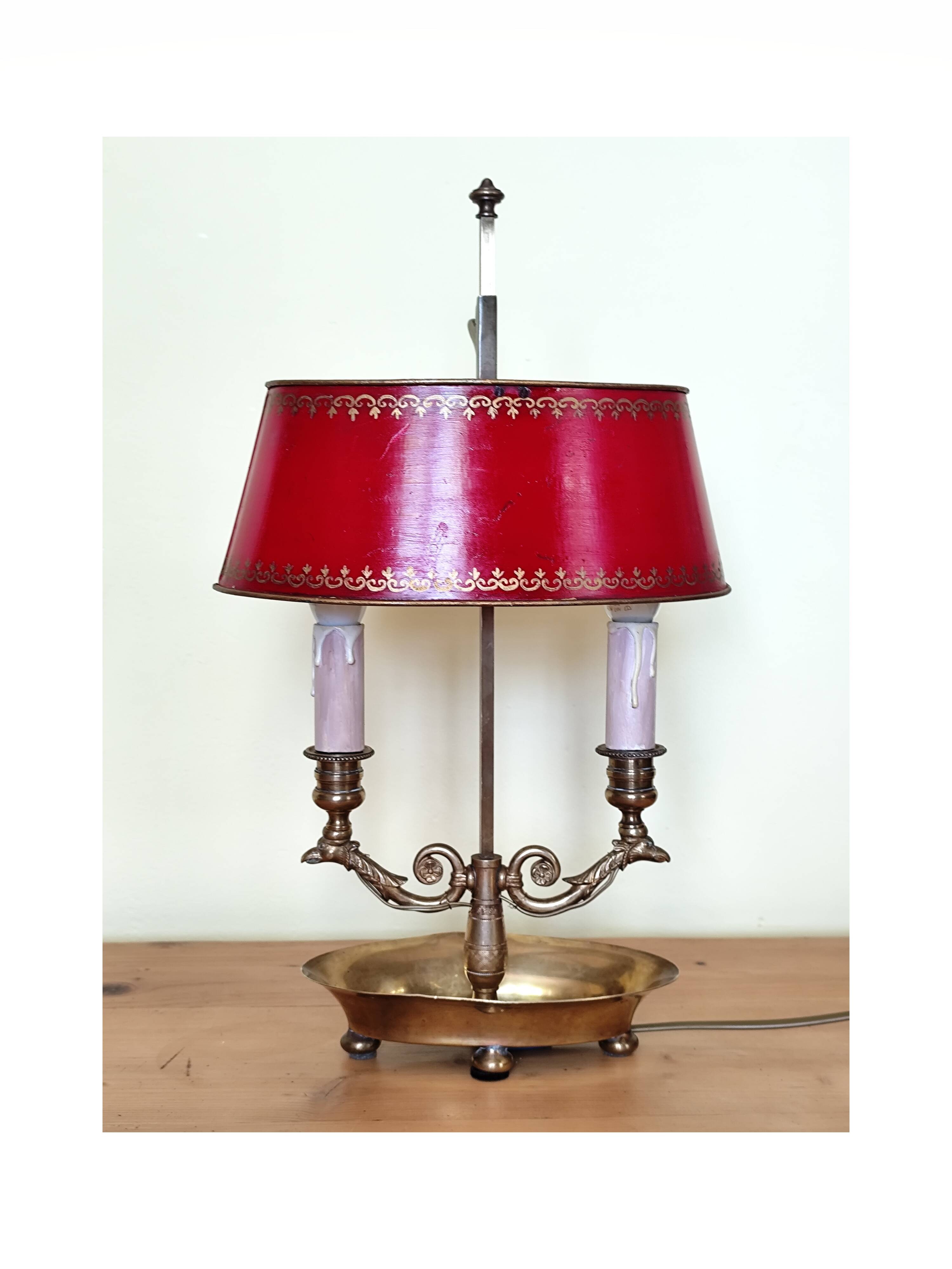 bronze and brass 2-bulb bouillotte lamp, red desk lamp
