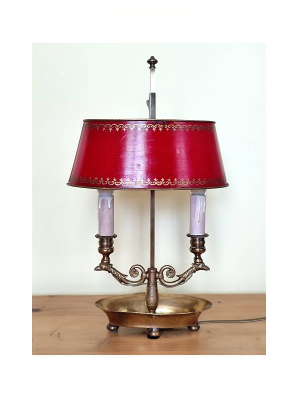 lampe bouillotte 2 feux en bronze et laiton, lampe de bureau  rouge