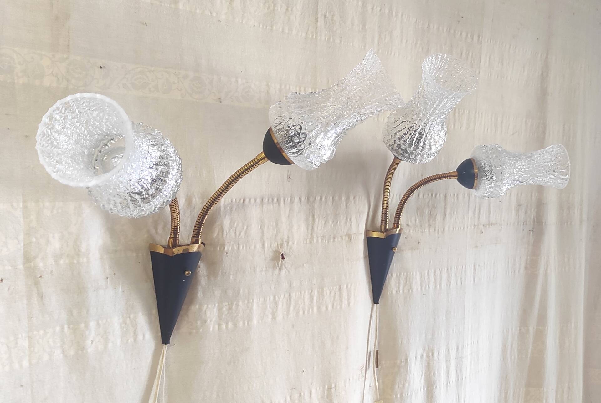 Articulated double light wall sconces in brass and glass - mid 20th century.