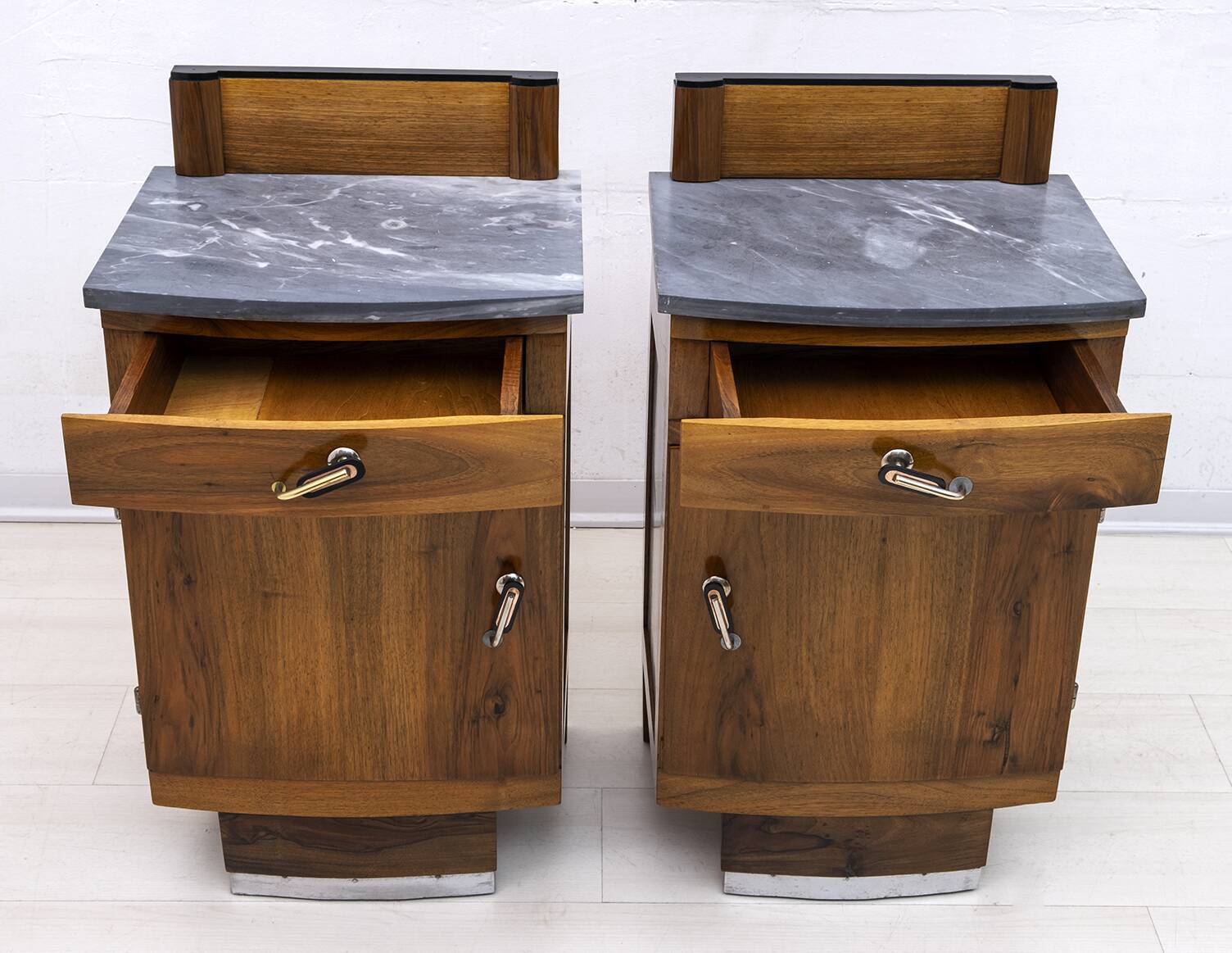 Pair of Art Dèco Italian Walnut and Grafite Gray Marble Bedside Tables,1920