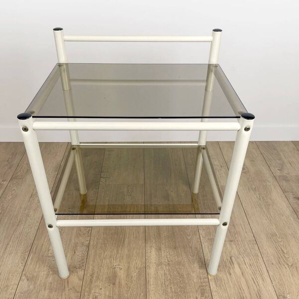 Paire de chevets métal et double plateau verre fumé années 80