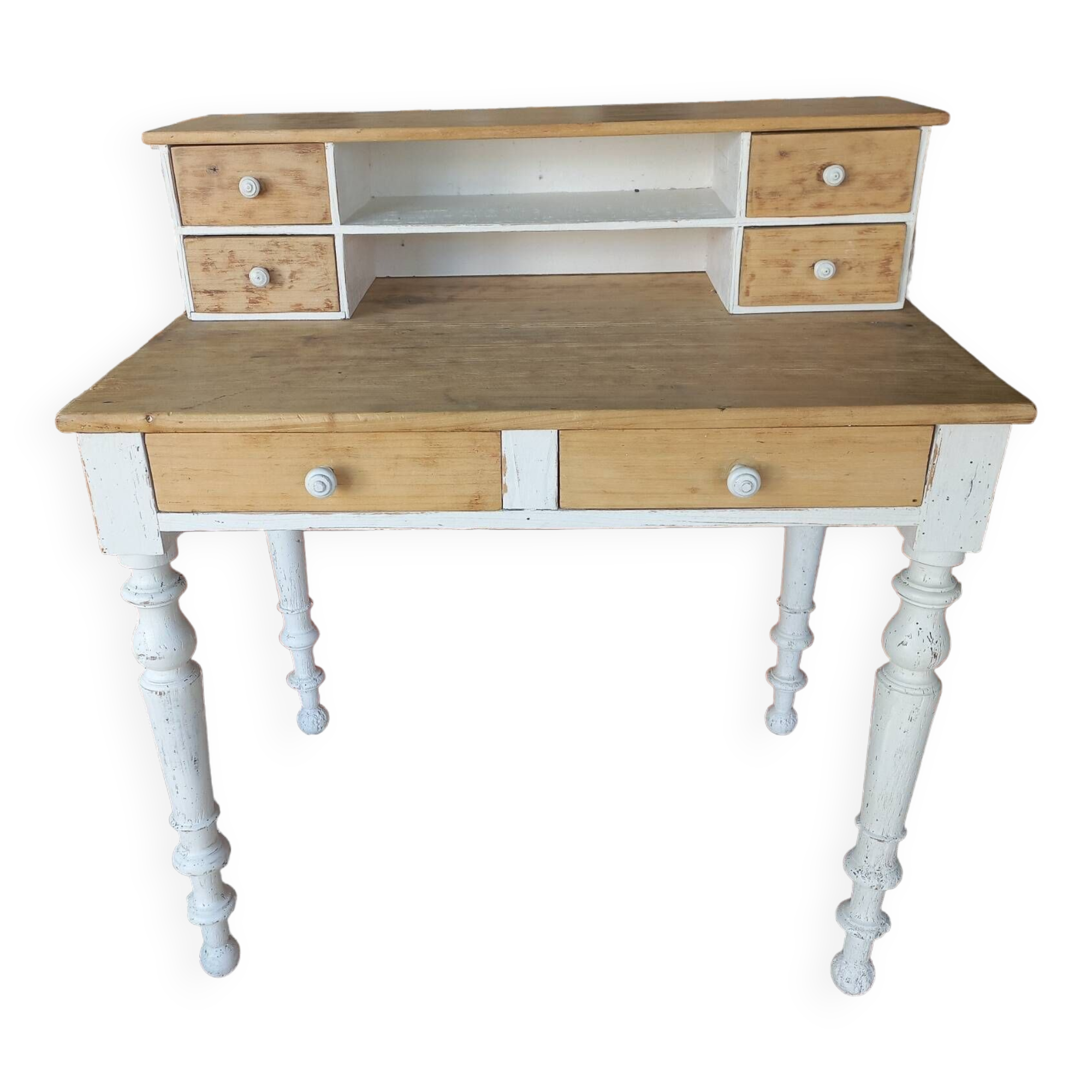 Bureau à tiroirs patiné blanc