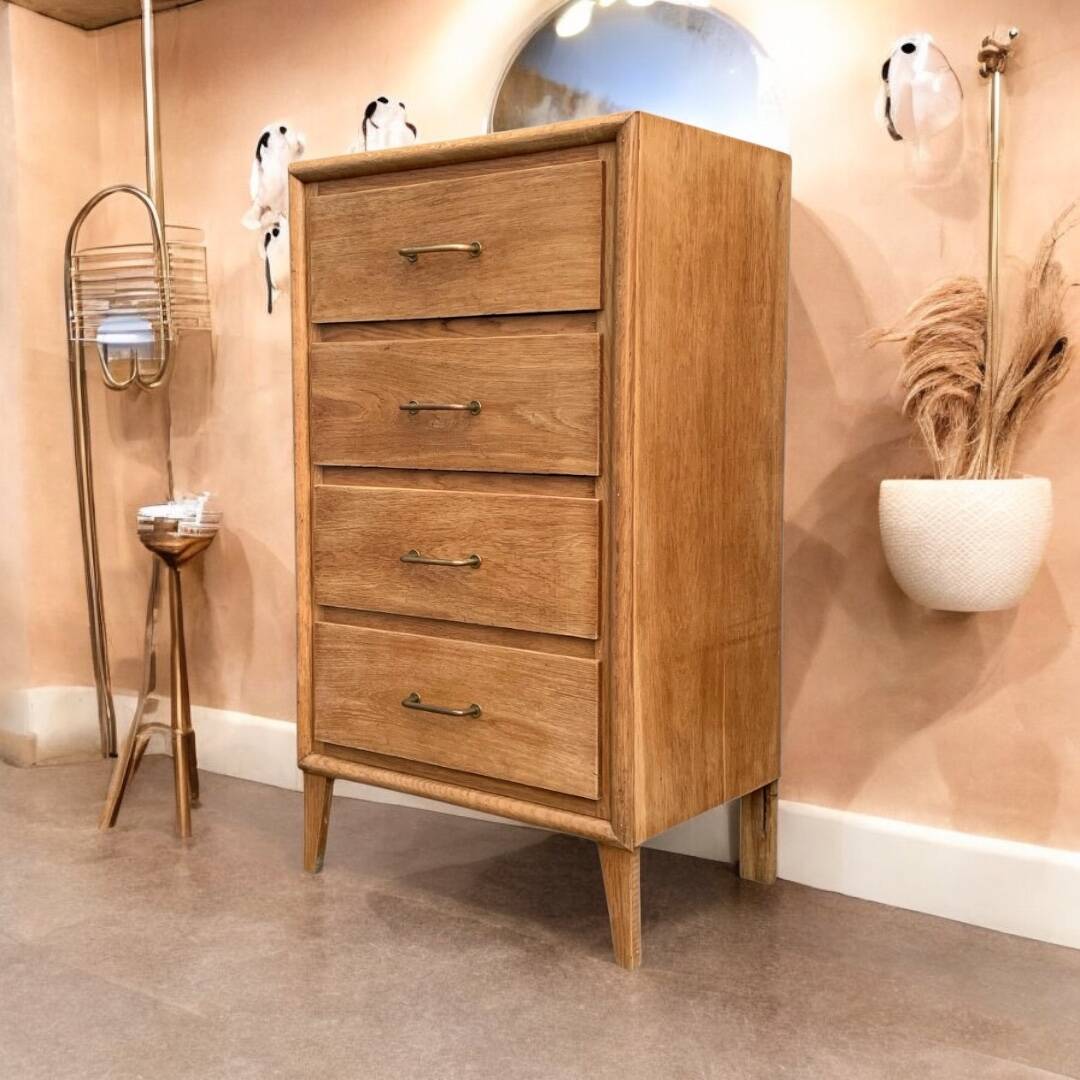 Chest of drawers with compass feet, raw wood, 1950s