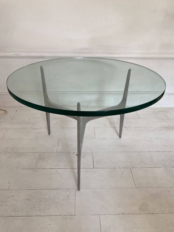 Knut HESTERBERG Table basse ronde en verre et aluminium poli
