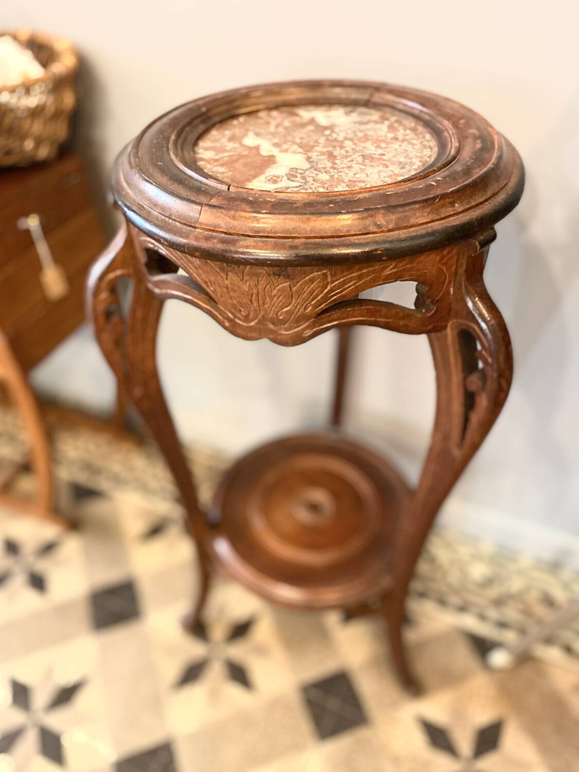 Art Nouveau wooden and marble stool