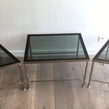 Rare three-part nickel coffee table with lacquered glass tops around the perimeter