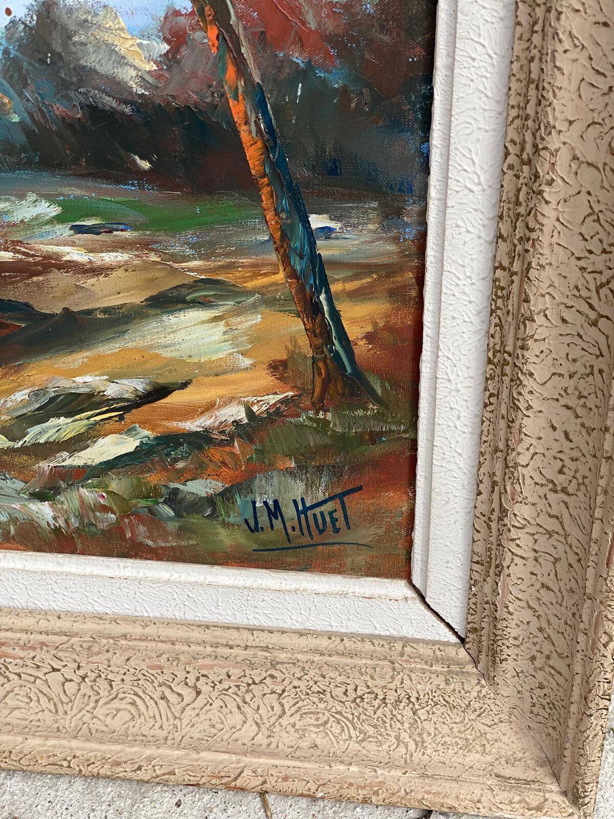 Oil painting on canvas, mount and lake, signed Huet 100x50