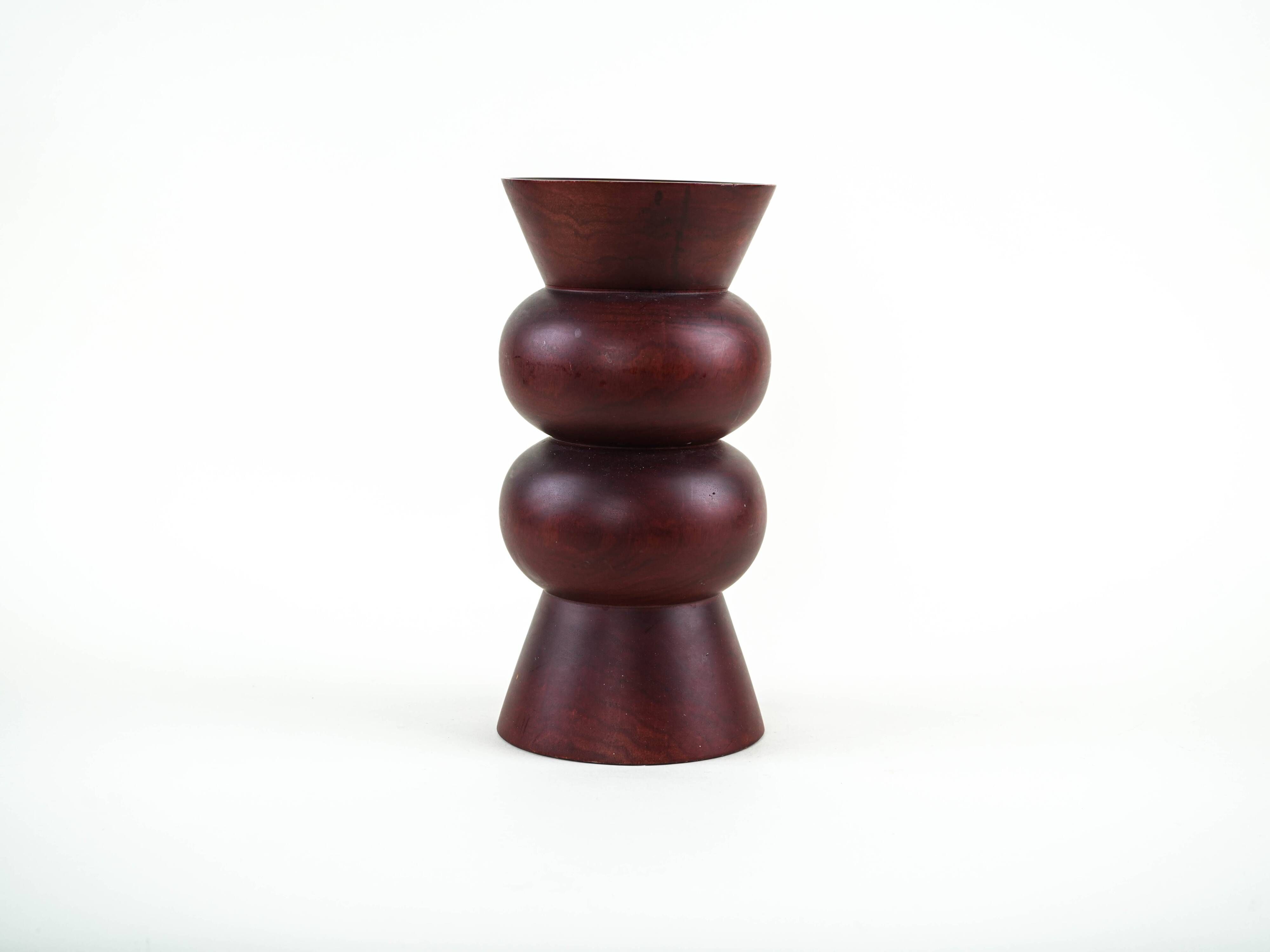 Turned wooden vase in segmented technique, burgundy, Danish, 1970s