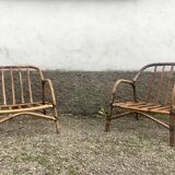 Paire de fauteuil en rotin et sa table ovale vintage