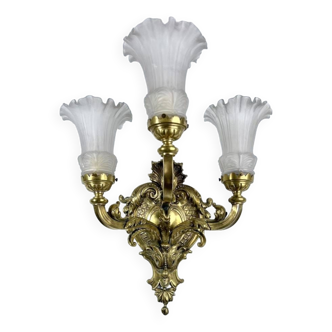 Bronze wall light - frosted glass tulips - early 20th century - lighting lamp