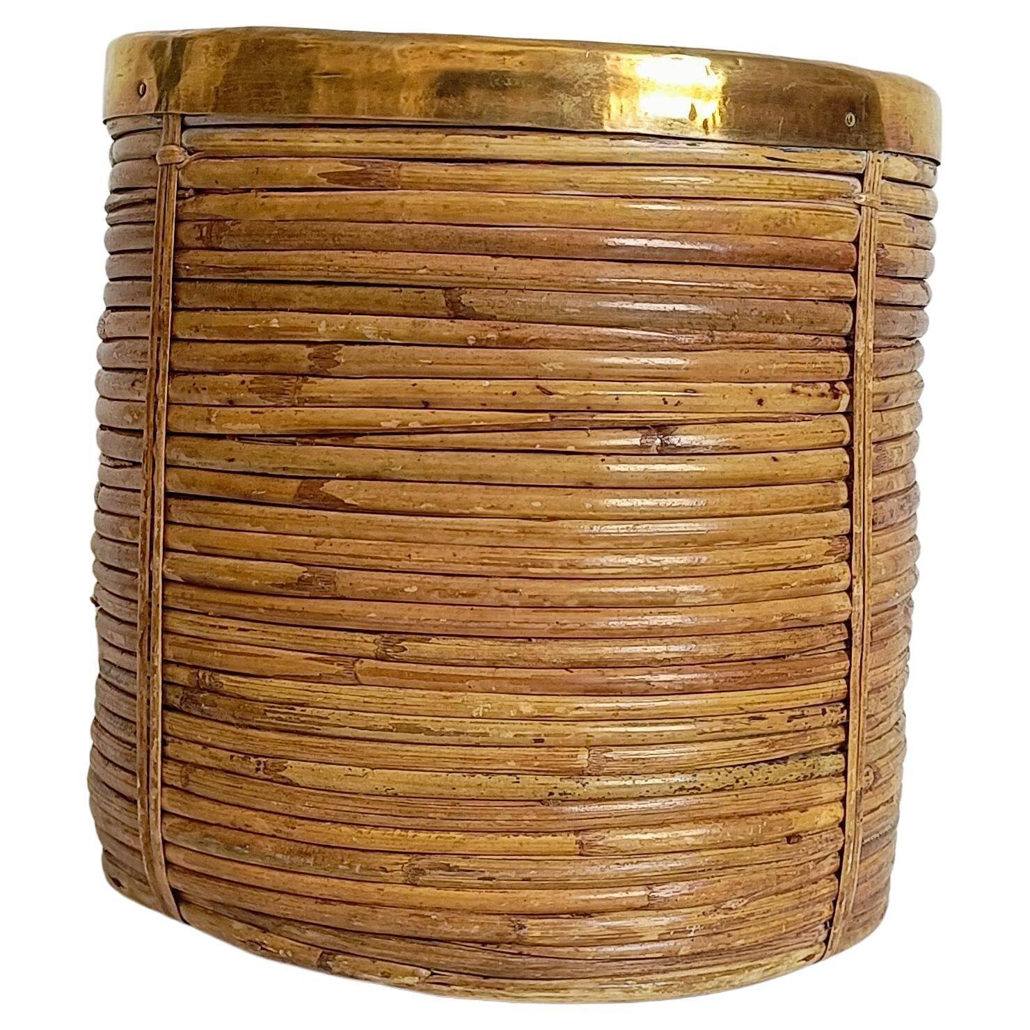 Mid-Century Organic Modern Medium Size Pencil Reed/Rattan Planter with Brass Rim