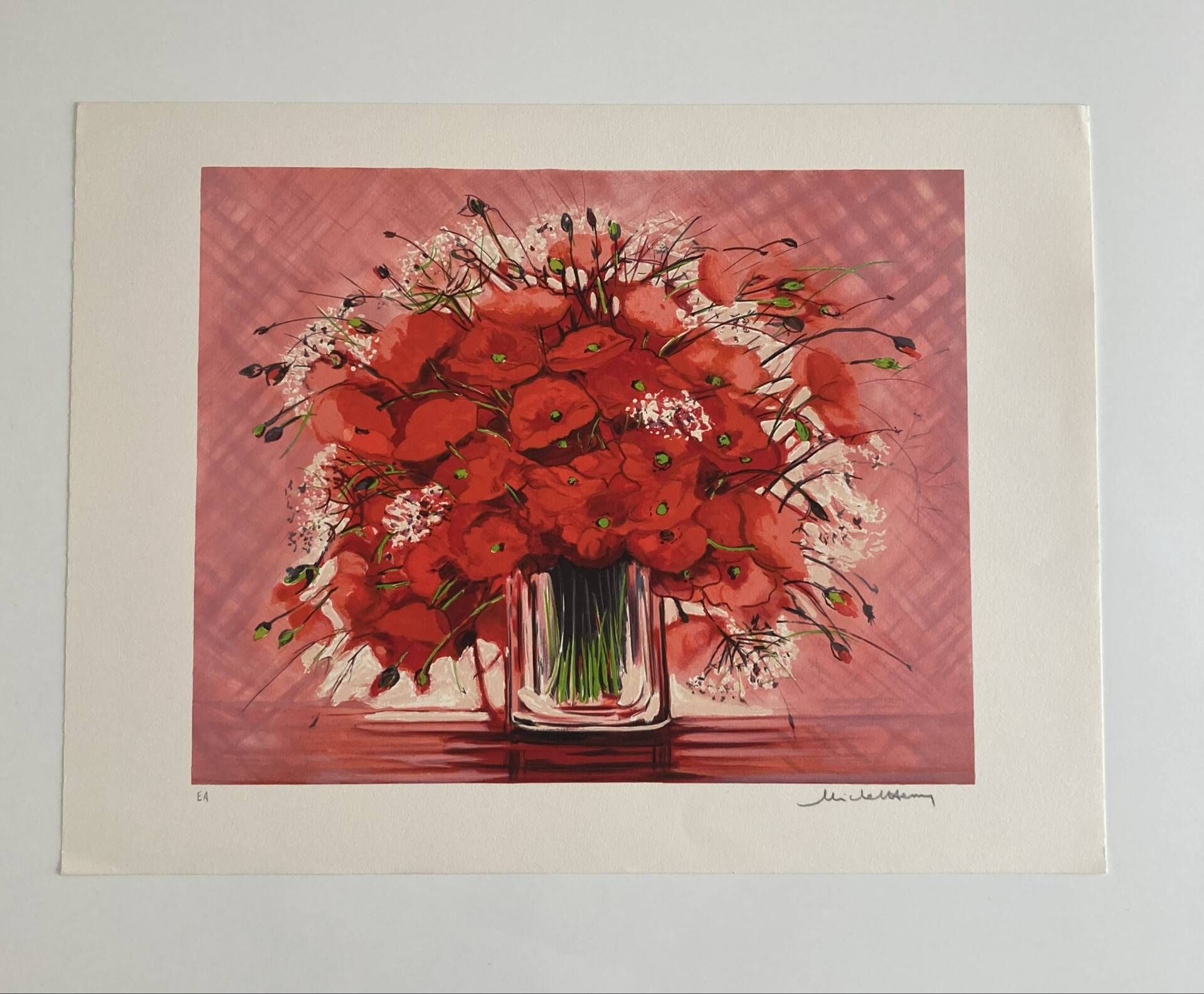 Lithographie originale signée Michel Henry - Bouquet de Coquelicots